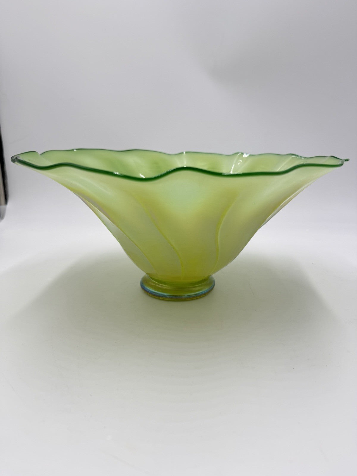 Rick Strini Art Glass Signed Green Lime Iridescent Swirl Bowl 2001 5.5”Hx12”W