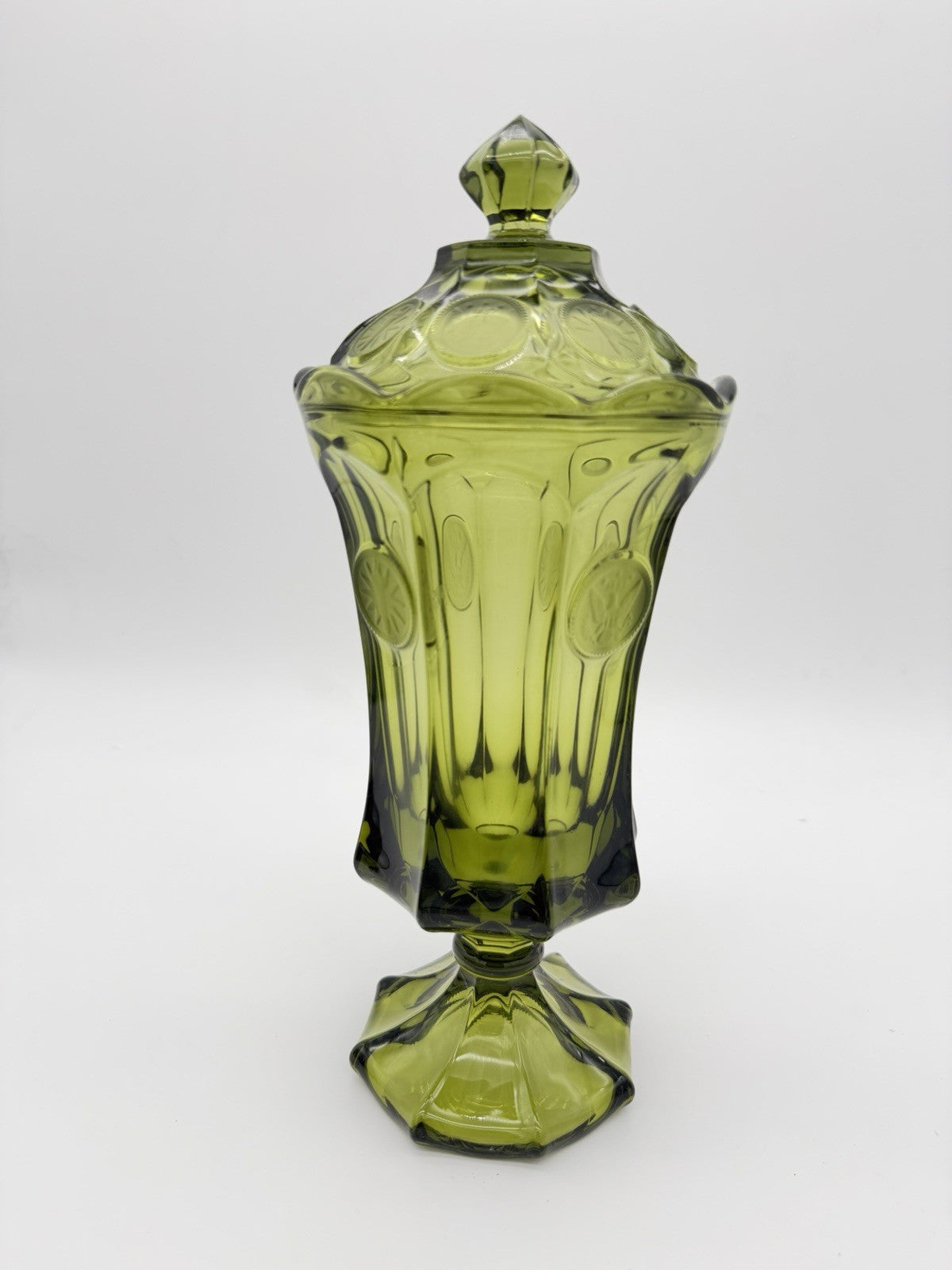 Fostoria Art Glass Embossed Coin 13”H olive Green Compote Lidded Urn Vase