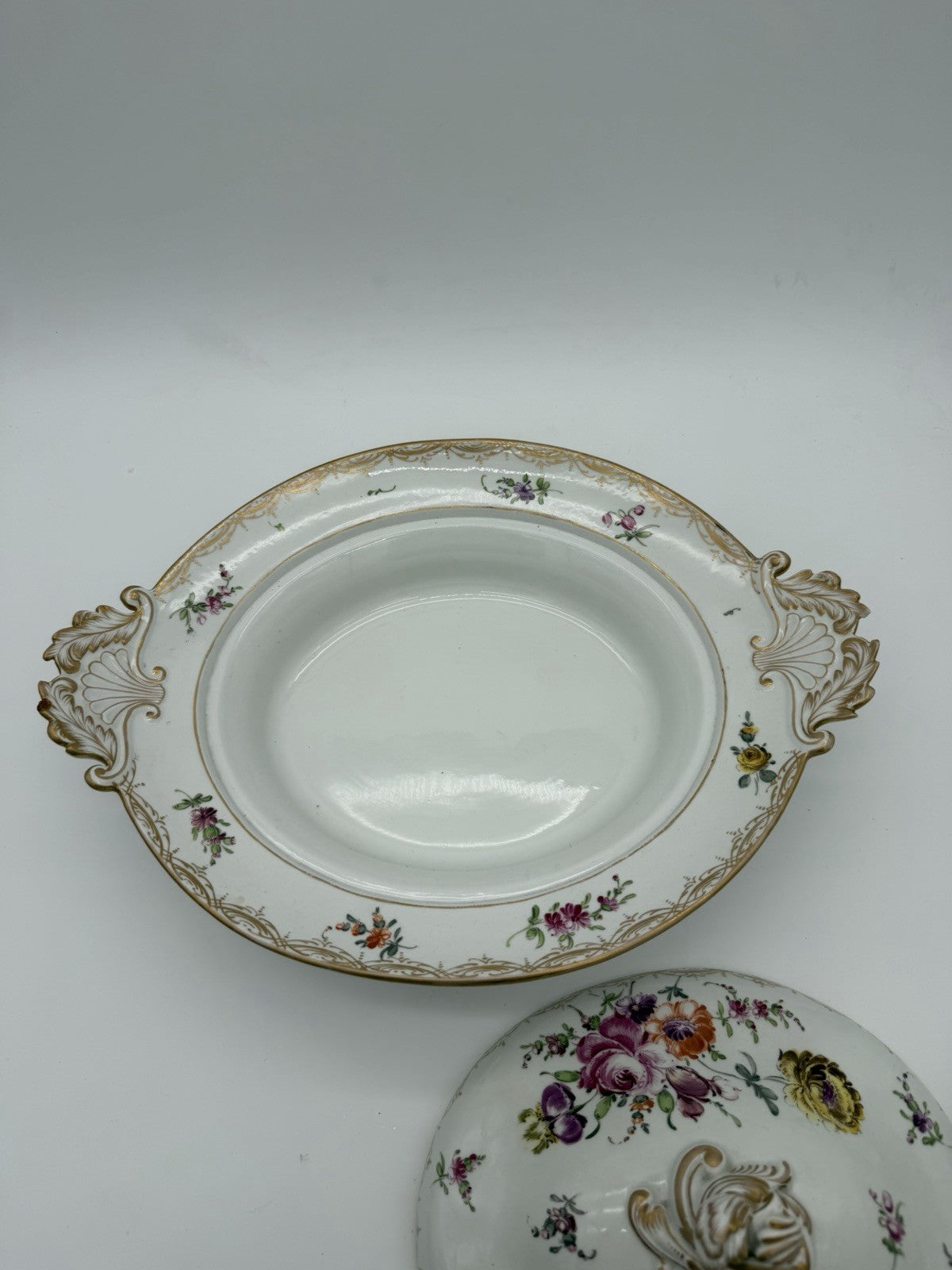 Antique Meissen 2pc Porcelain Lidded Tureen Caserole Dish Bowl FLoral Germany