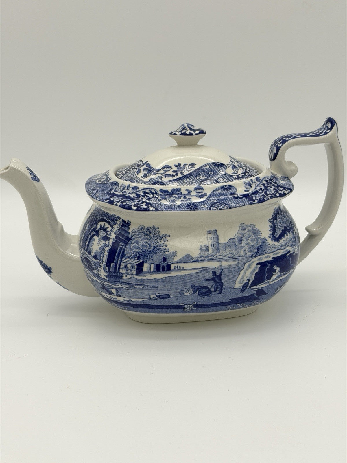 Large Spode England Porcelain Italian Blue & White Teapot 17/A4 Scenic 10”x5”