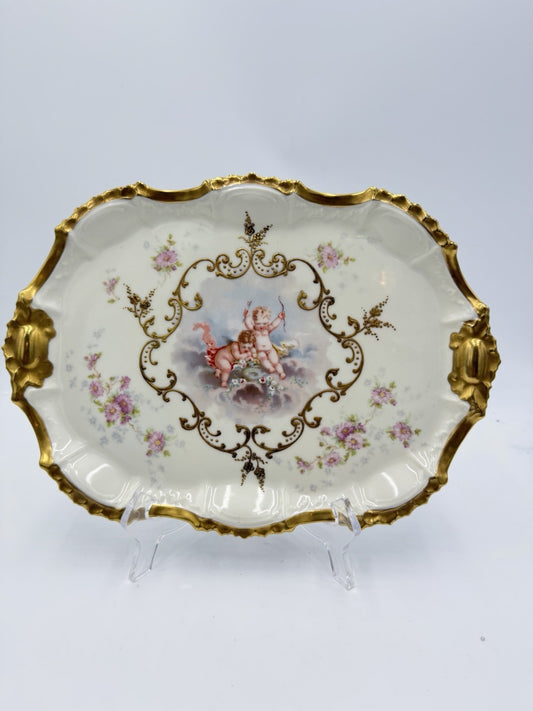 Antique AK Limoges France Cupid Cherubs Gilded Large Rectangle Platter Porcelain