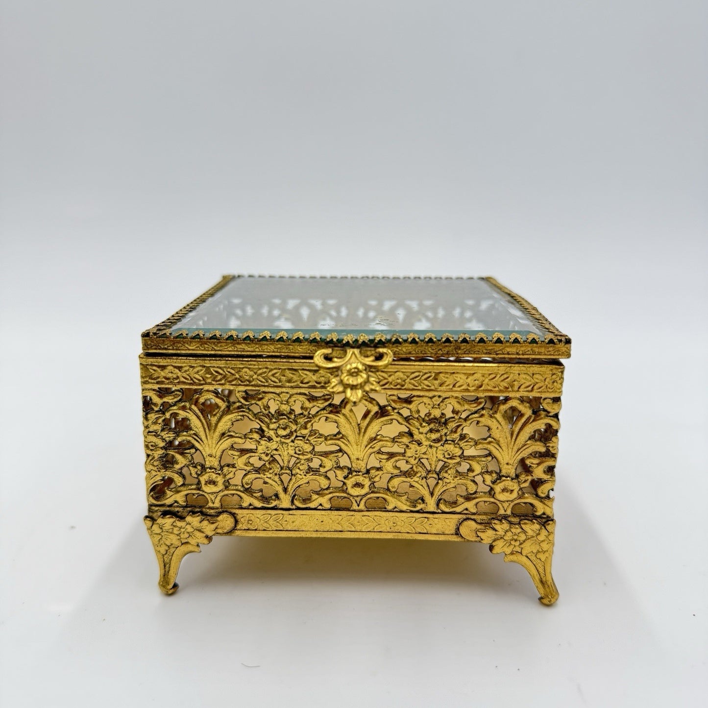 Ormolu gold filigree jewelry casket with beveled glass Hollywood Regency Box
