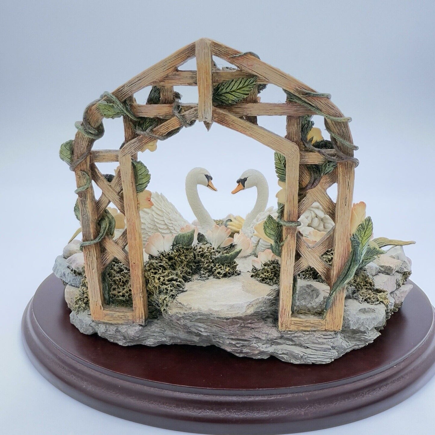 LENOX Rose Arbor Pond Swans sculpture Wood Base Figurine Resin