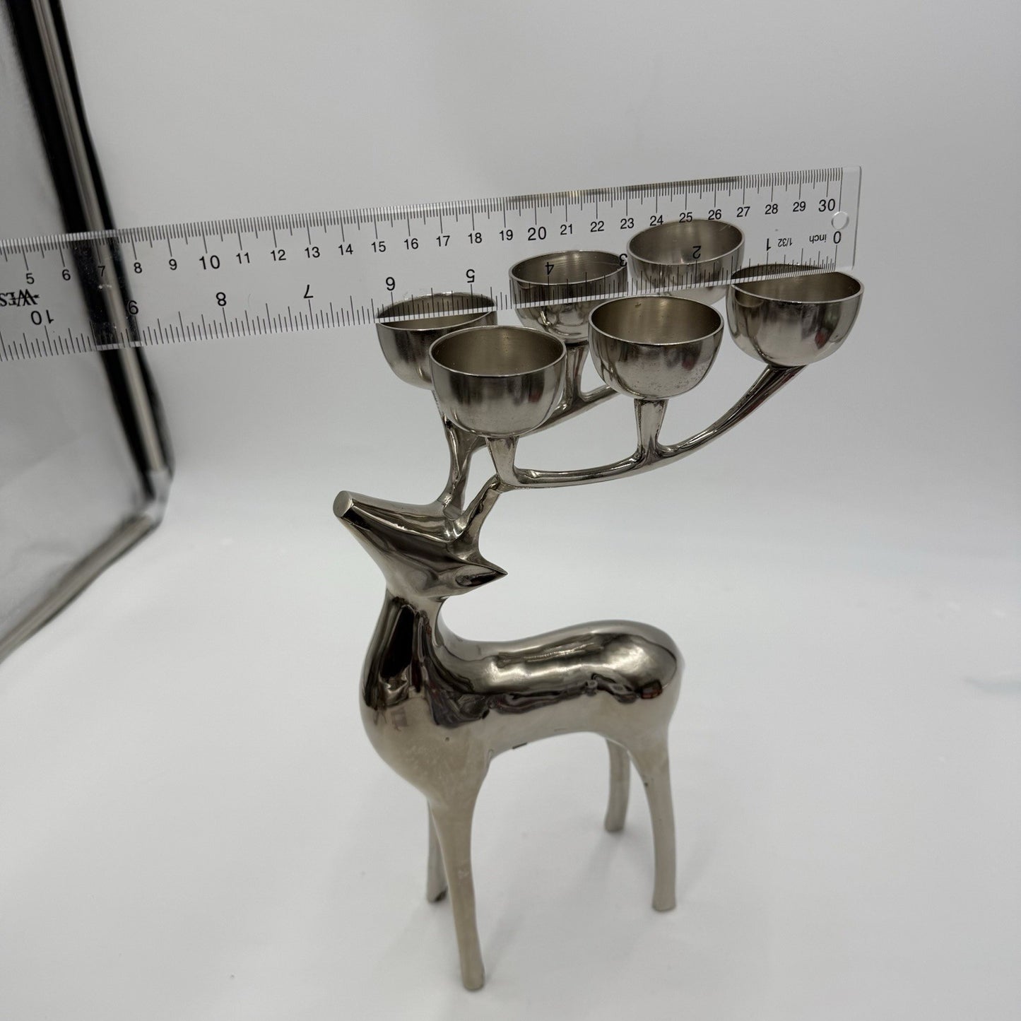 Pottery Barn Reindeer Silver Tone Holiday Votive Candelabra 12”x 7” Candle Holde