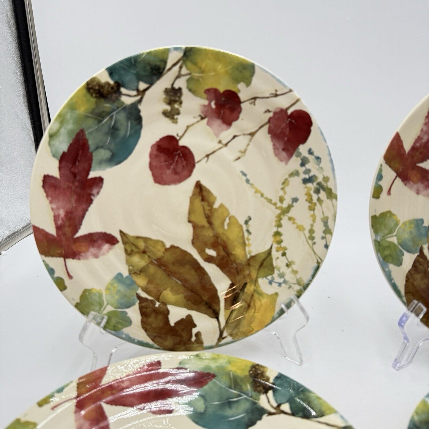 Pier 1 Imports WILLOW Dinner Plates Set 4 11” Fall Leaves Ironstone Ceramic