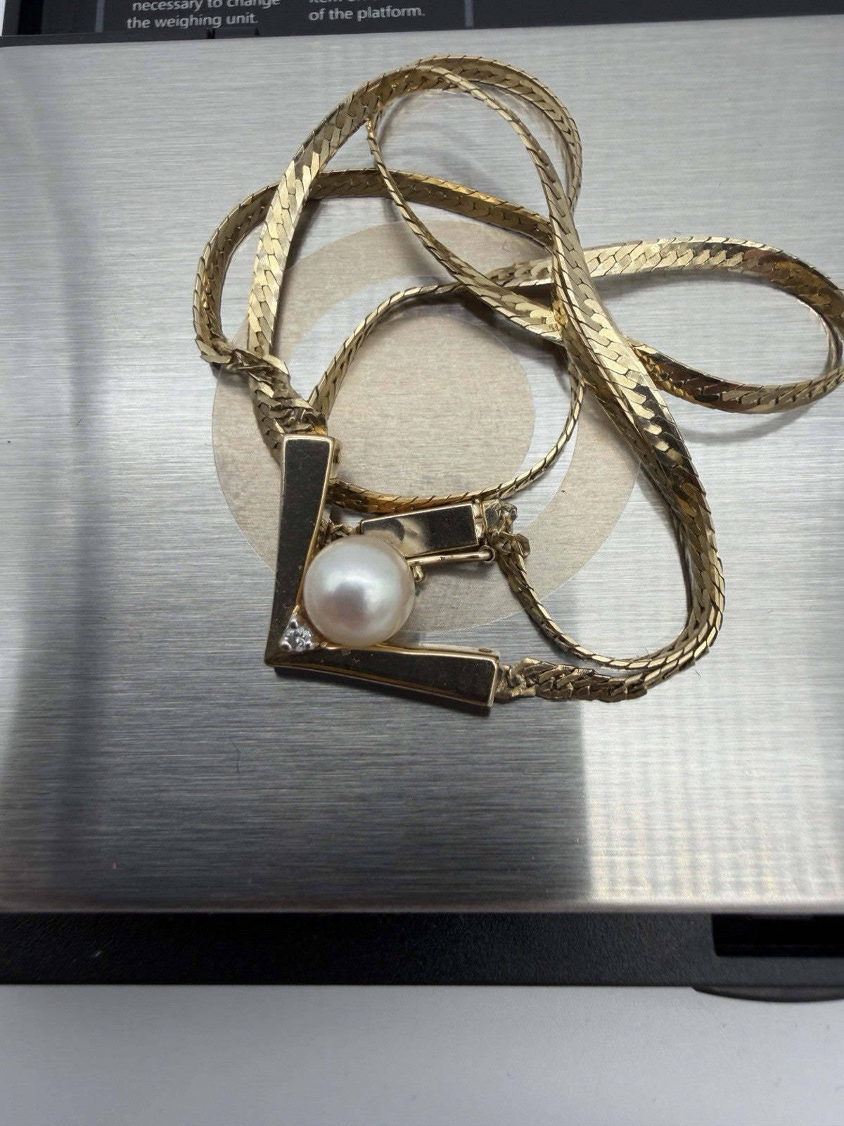 14k Italy Yellow Gold Herringbone V Drop Necklace 16”pearl Diamond 6g