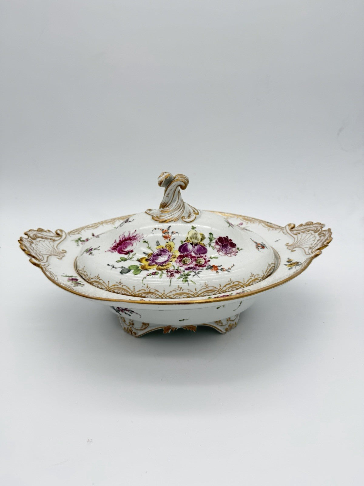 Antique Meissen 2pc Porcelain Lidded Tureen Caserole Dish Bowl FLoral Germany