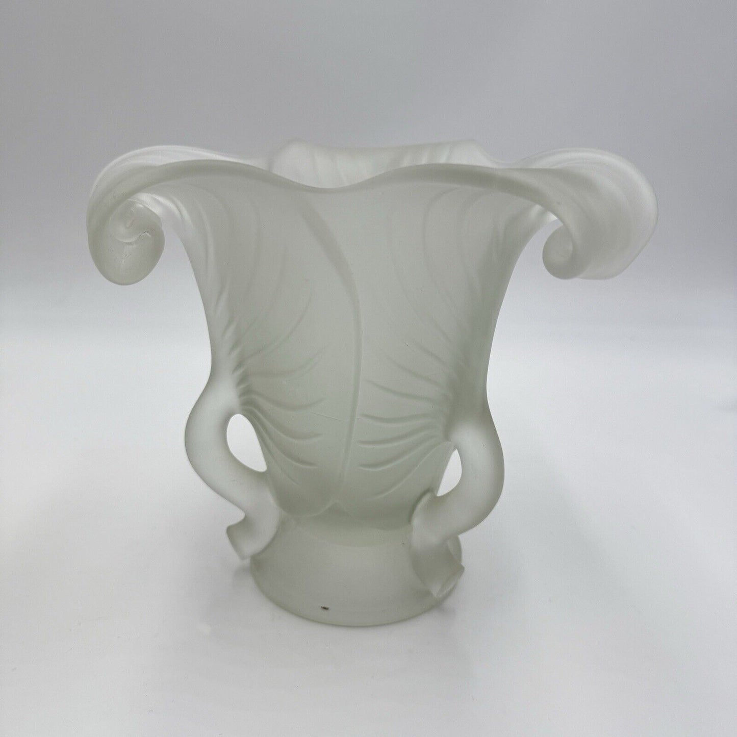 MCM Frosted Satin Art Glass 3 Leaf Pedestal ART NOUVEAU 3 Handle VASE 7” H