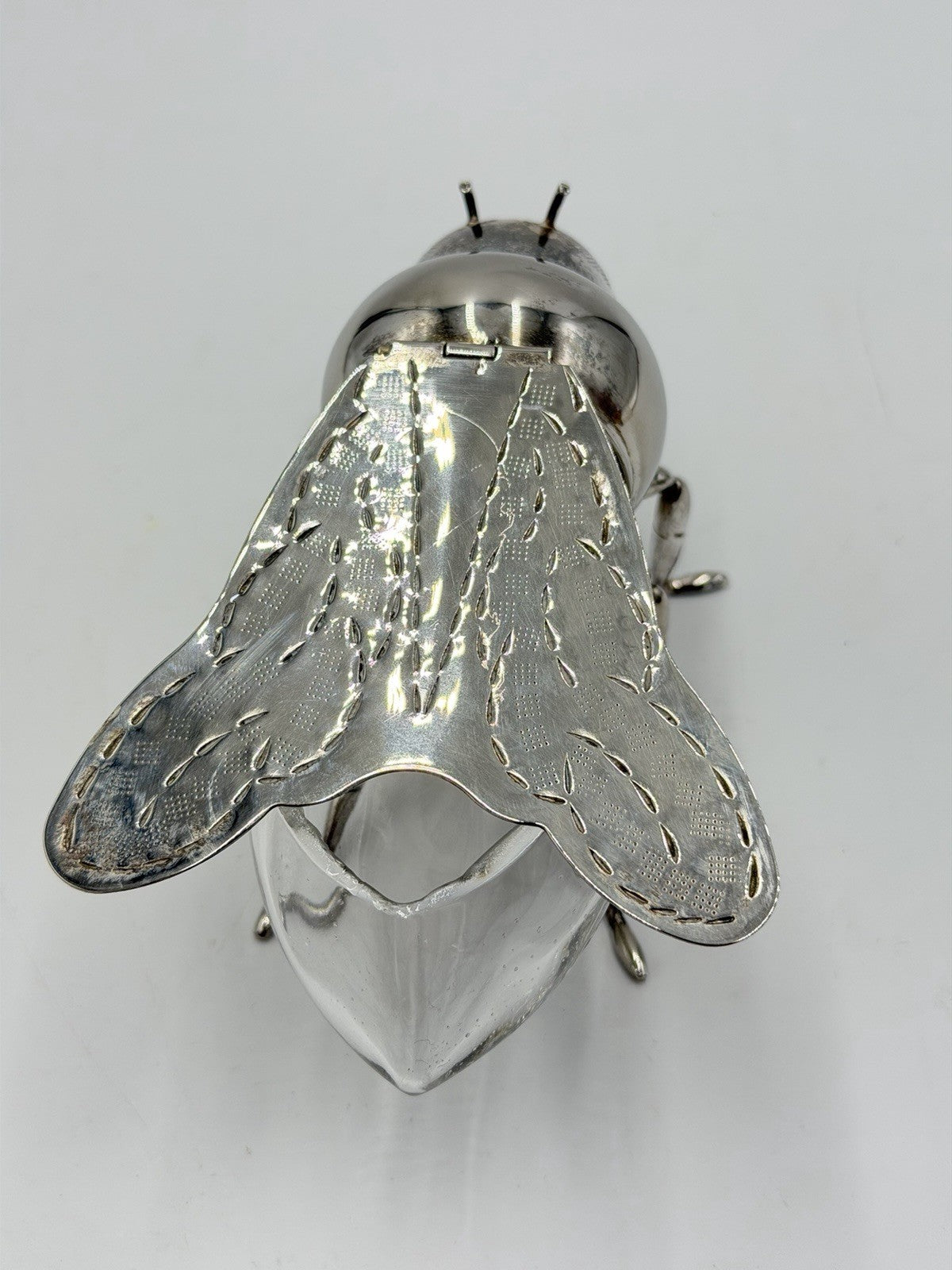 Antique Silver Plate & Glass Honey Bee Honey Pot Unmarked 6" Long x 3" Tall