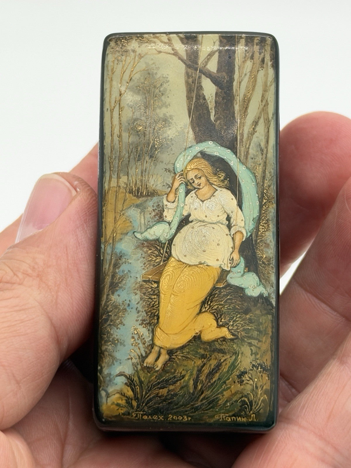 handpainted Russian lacquer miniature trinket box Palekh signed Lapin L Folk Art