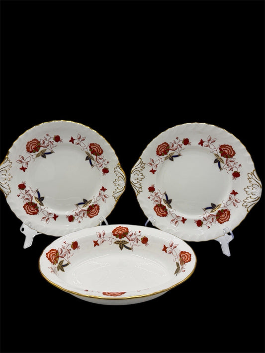 Royal Crown Derby English Porcelain BALI A.1100 XXXIII Vegetable Bowl & 2 Plates