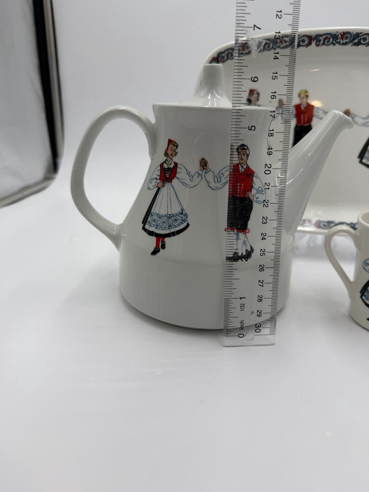 Vintage Figgjo Flint Hardanger Dancers Teapot Creamer Sugar Bowl Platter  Norway