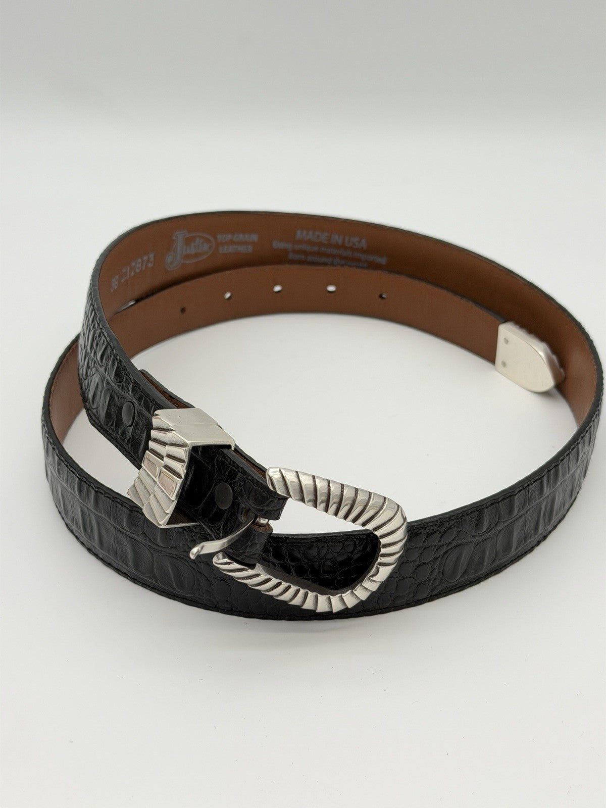 justin top grain leather belt C12873 Size 38 Black Silver Tone Buckle USA 45”L