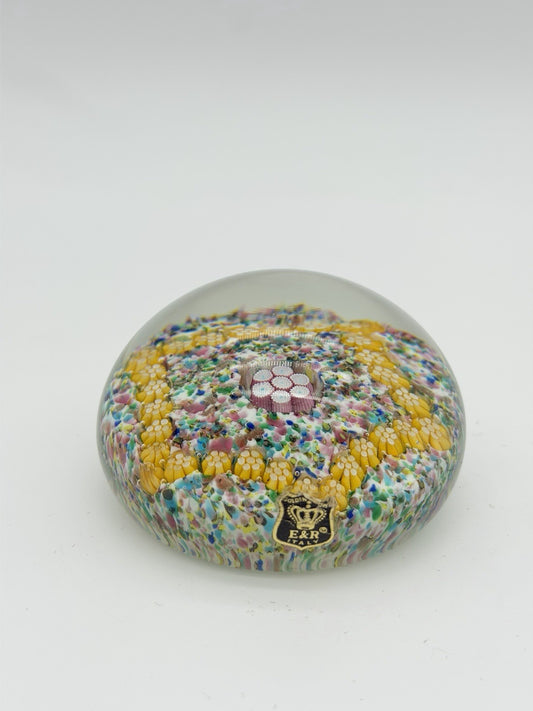 Vintage Murano Venetian Italy Art Glass Floral Millefiori Paperweight 2”x 2.5”