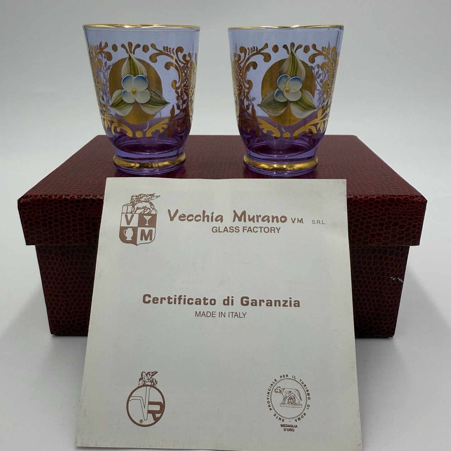 Murano Art Glass Vecchia Italy Lavender Shots Pair Glasses Set 2 Box /COA Vintag