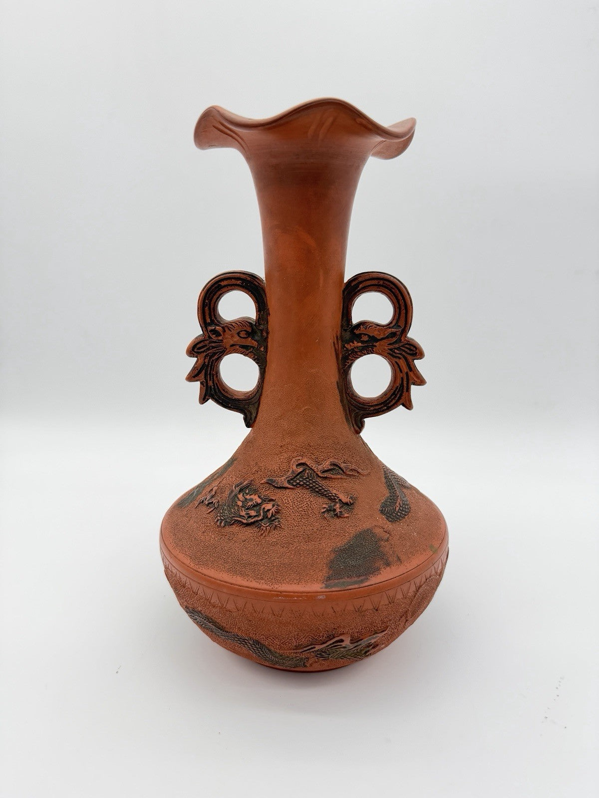 Antique Meiji Japanese Tokoname Terracota   Embossed Dragon Double Handle 10”H
