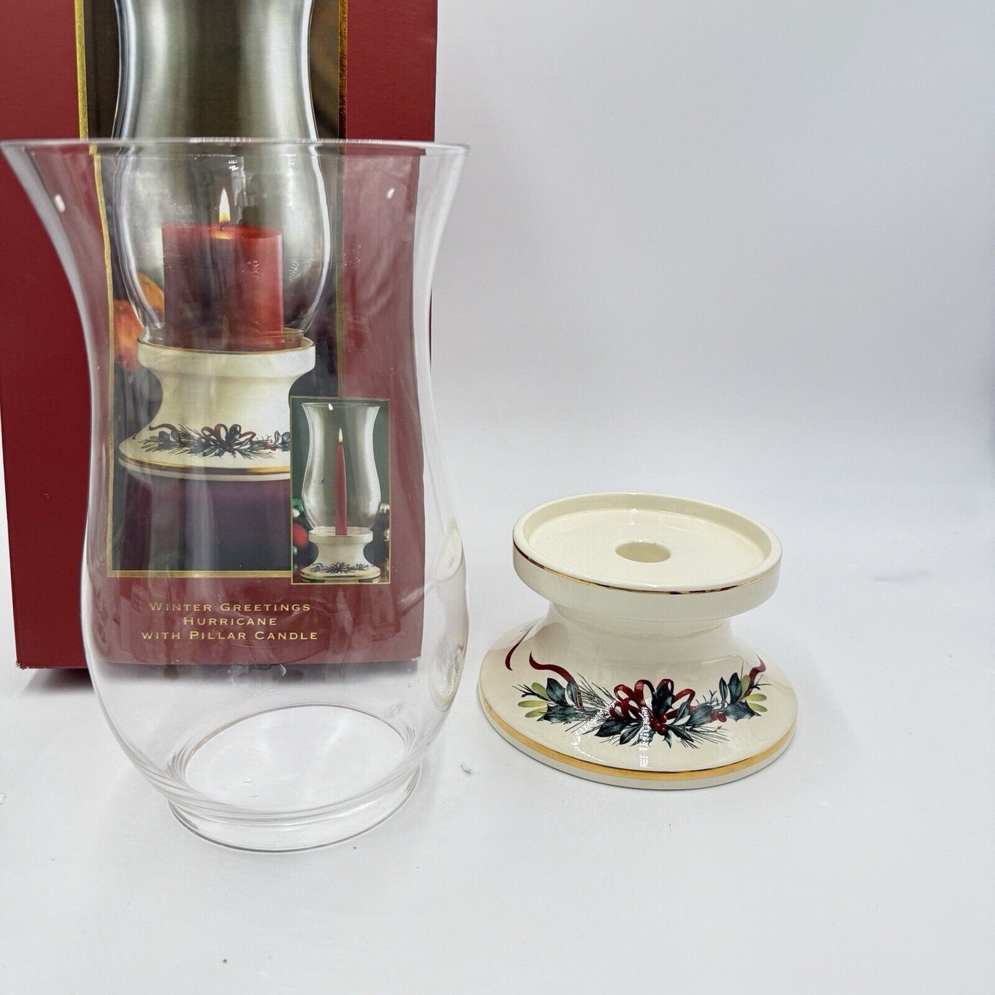 Lenox Porcelain Winter Greetings Hurricane Candle Holder W/Box Catherine McClung