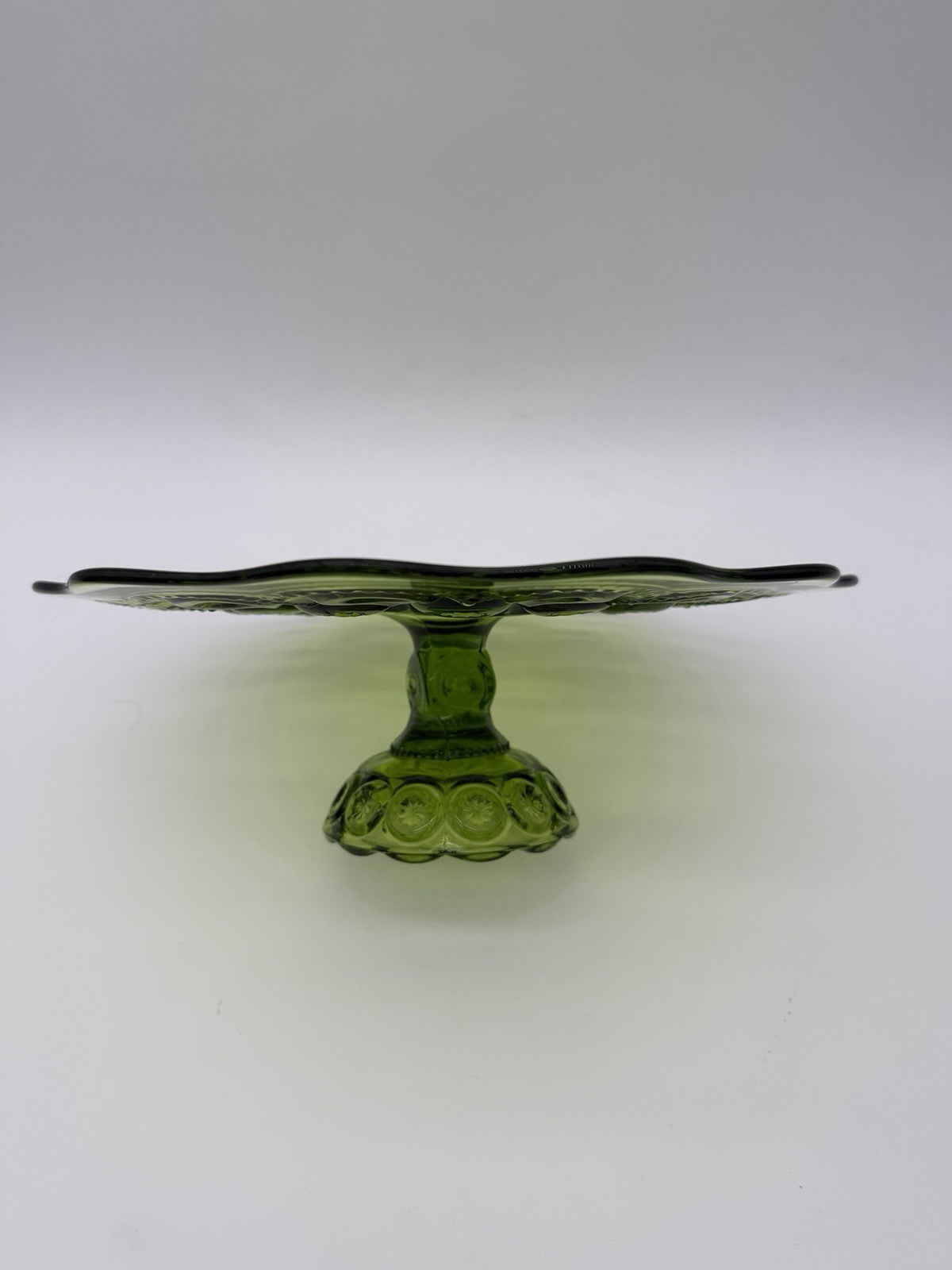 MCM LE Smith Moon & Star Cake Stand Heritage Green Art Glass Pastry Plate 11”