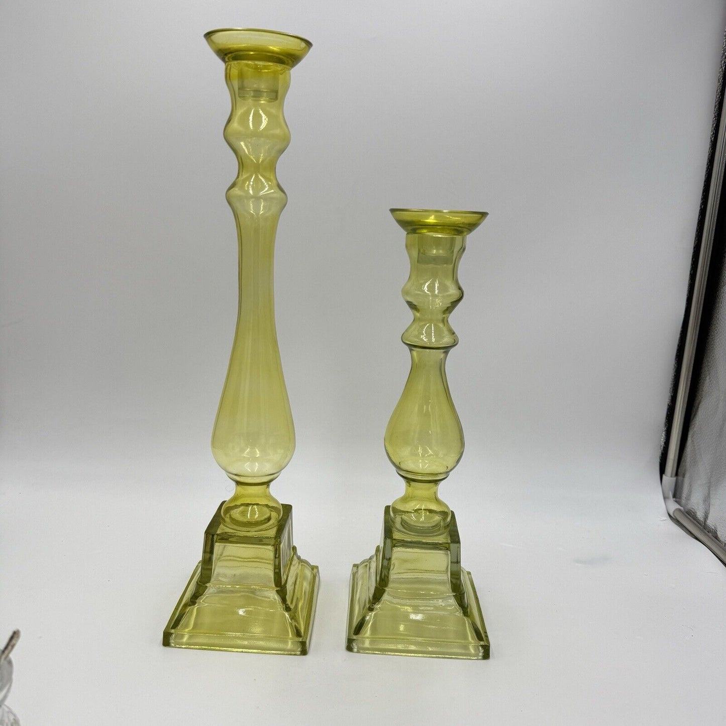 MCM Yellow Art Glass Candle holders By Lazy Susan Square Base Round Top 2