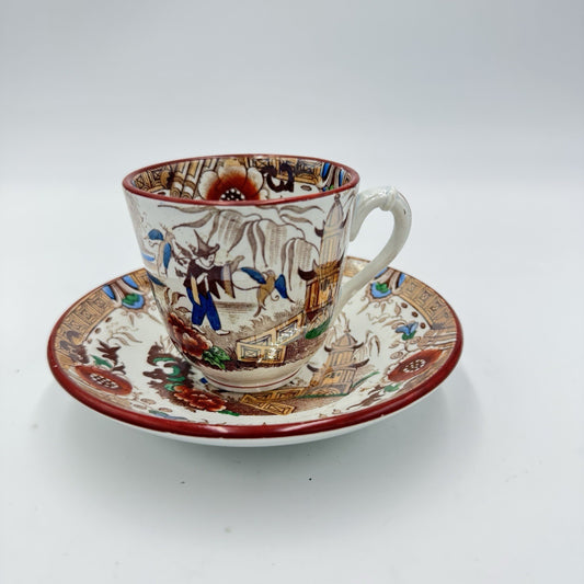 Antique 1875 Opaque de Sarreguemines Kyoto Demitasse Tea Cup & Saucer Set