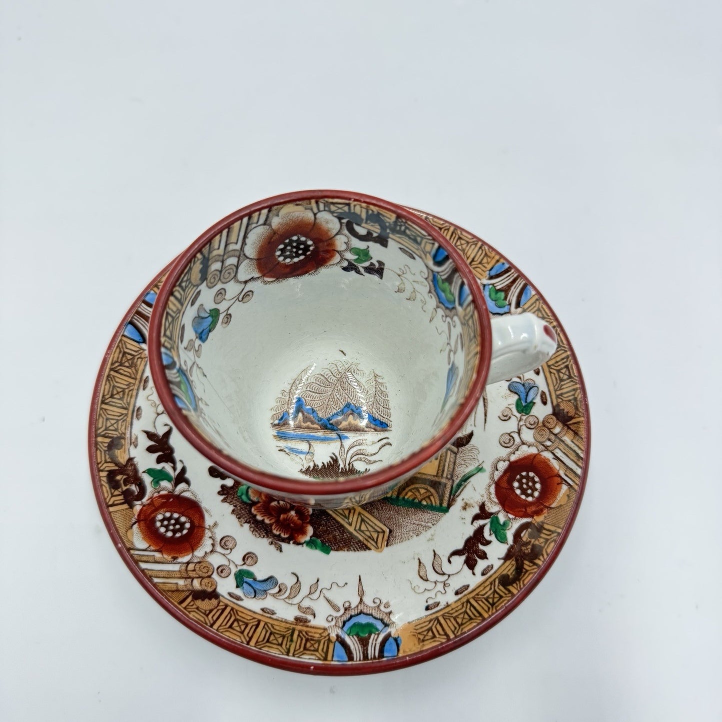 Antique 1875 Opaque de Sarreguemines Kyoto Demitasse Tea Cup & Saucer Set