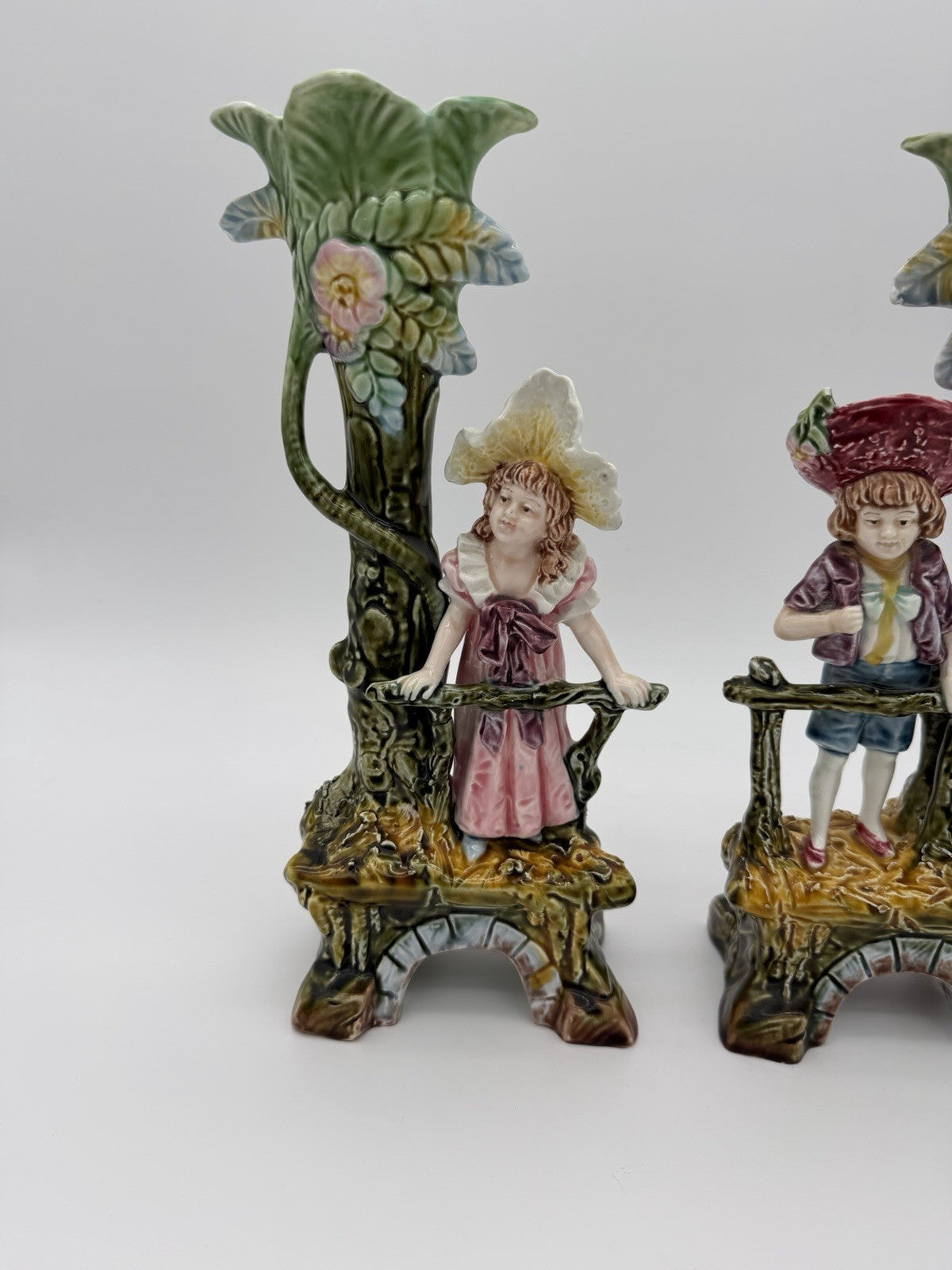 Antique Brothers Urbach Teplitz Bohemian Austrian Majolica Boy Girl Vase 11”