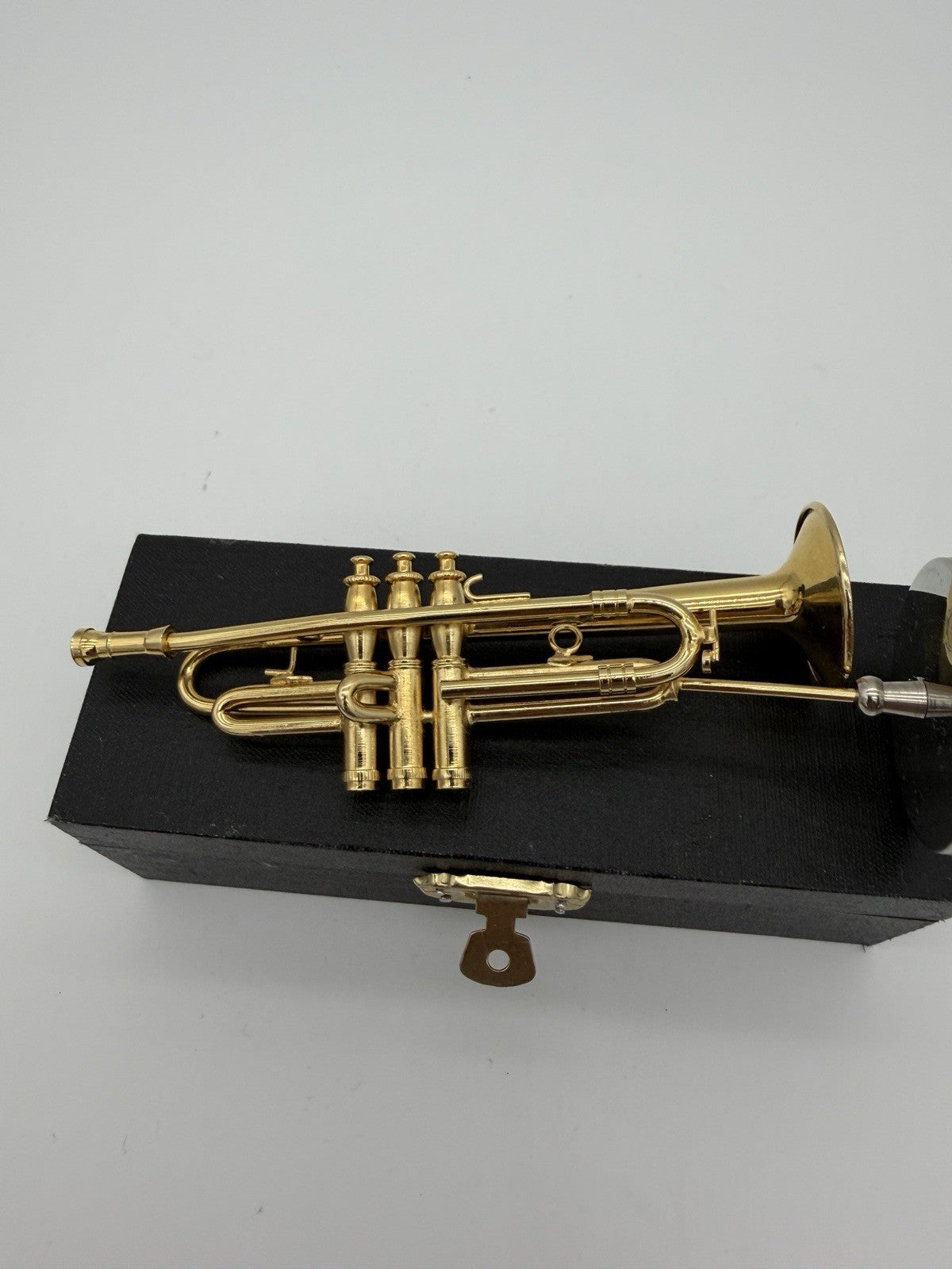 Broadway brand 5” miniature trumpet Instrument Brass figurine W/case & Stand Vtg
