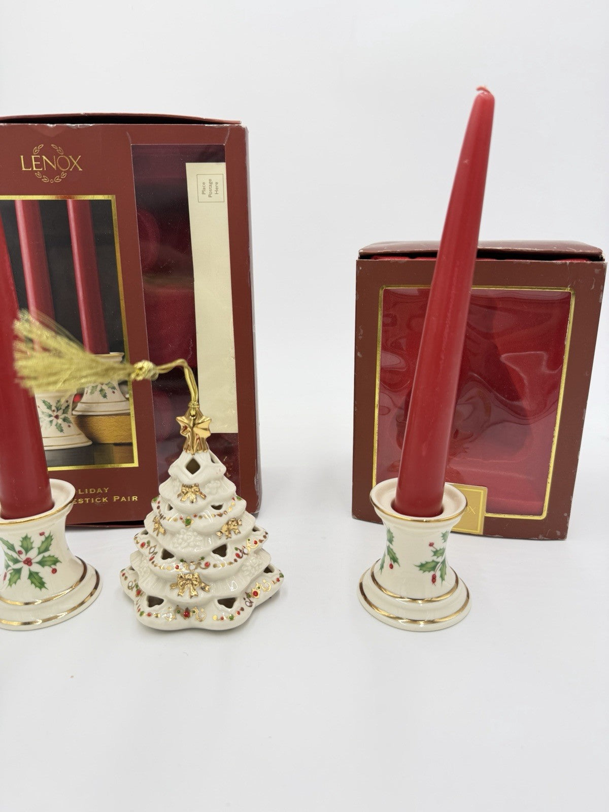 Lenox USA Porcelain Holiday Tapers Candlesticks & Bejeweled Tree Ornament