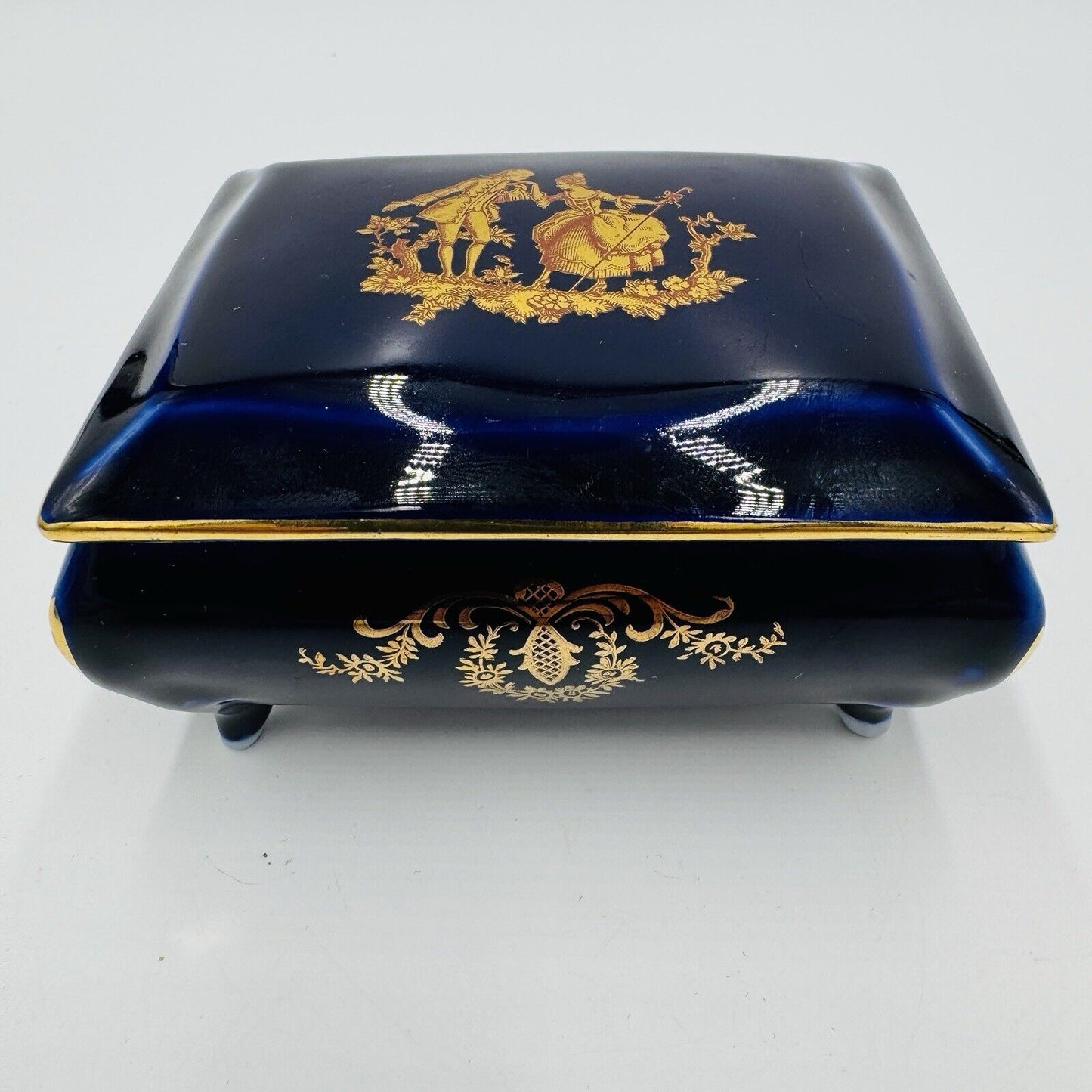 Limoges France Cobalt Blue Gilt Trinket Porcelain Box  Jewelry 2”x 4” Victorian