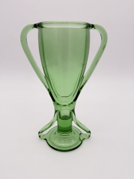 Fostoria Art Glass TUT Green Uranium Trophy Double Handle Flower VASE 8” Flawed)