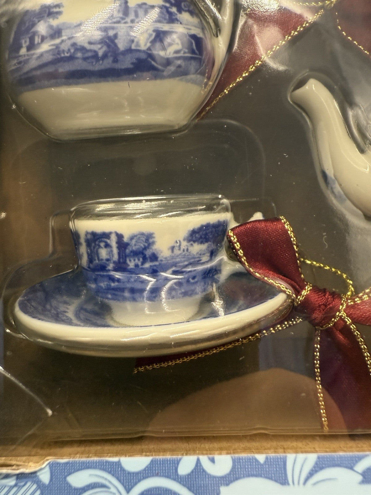 Spode Blue Italian English Tea Set Christmas Ornaments NIB Porcelain Miniature