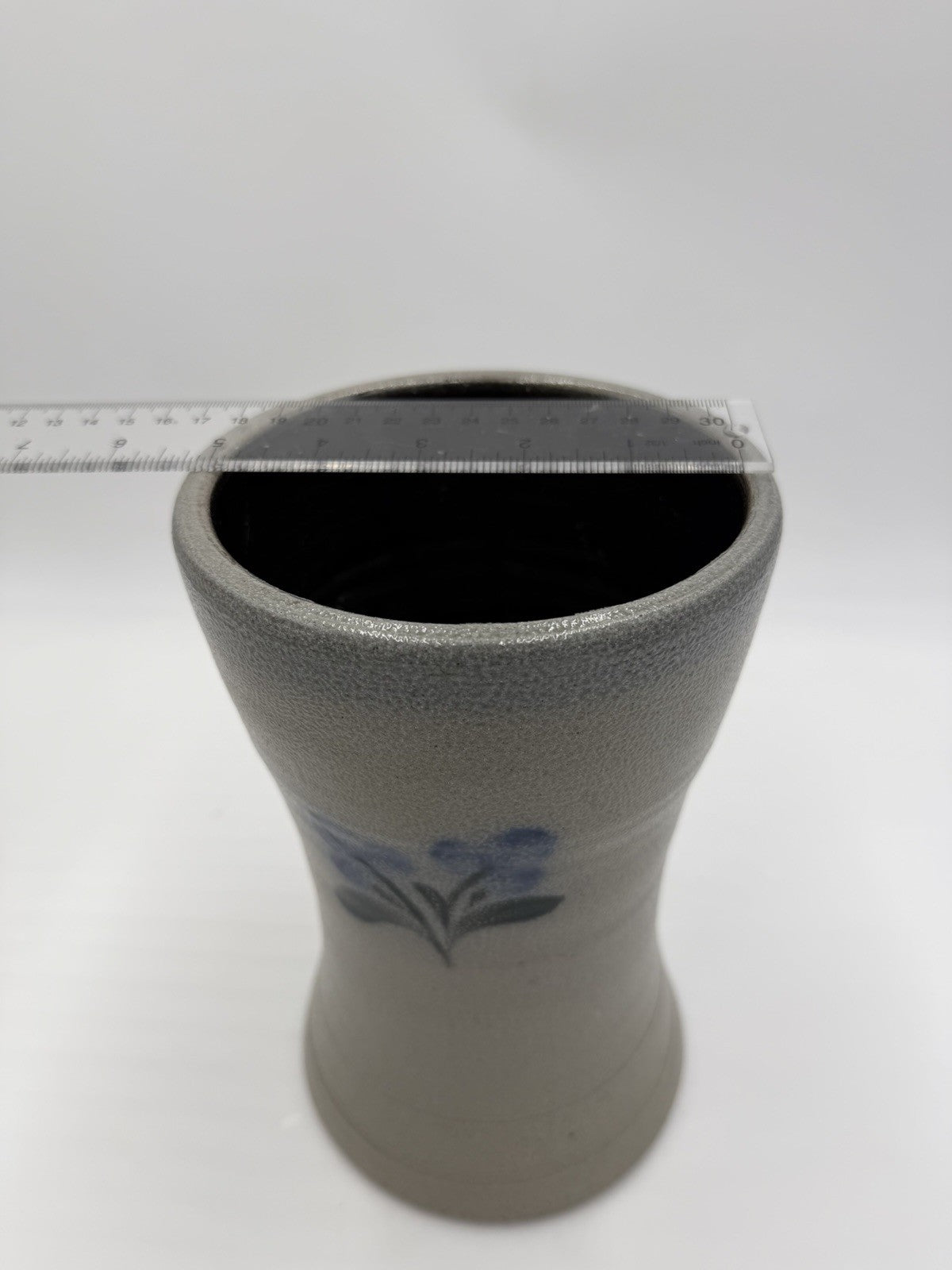 1995 Rowe Pottery Works Stoneware Blue Flowers  Design Salt Glaze Flower Vase 9”