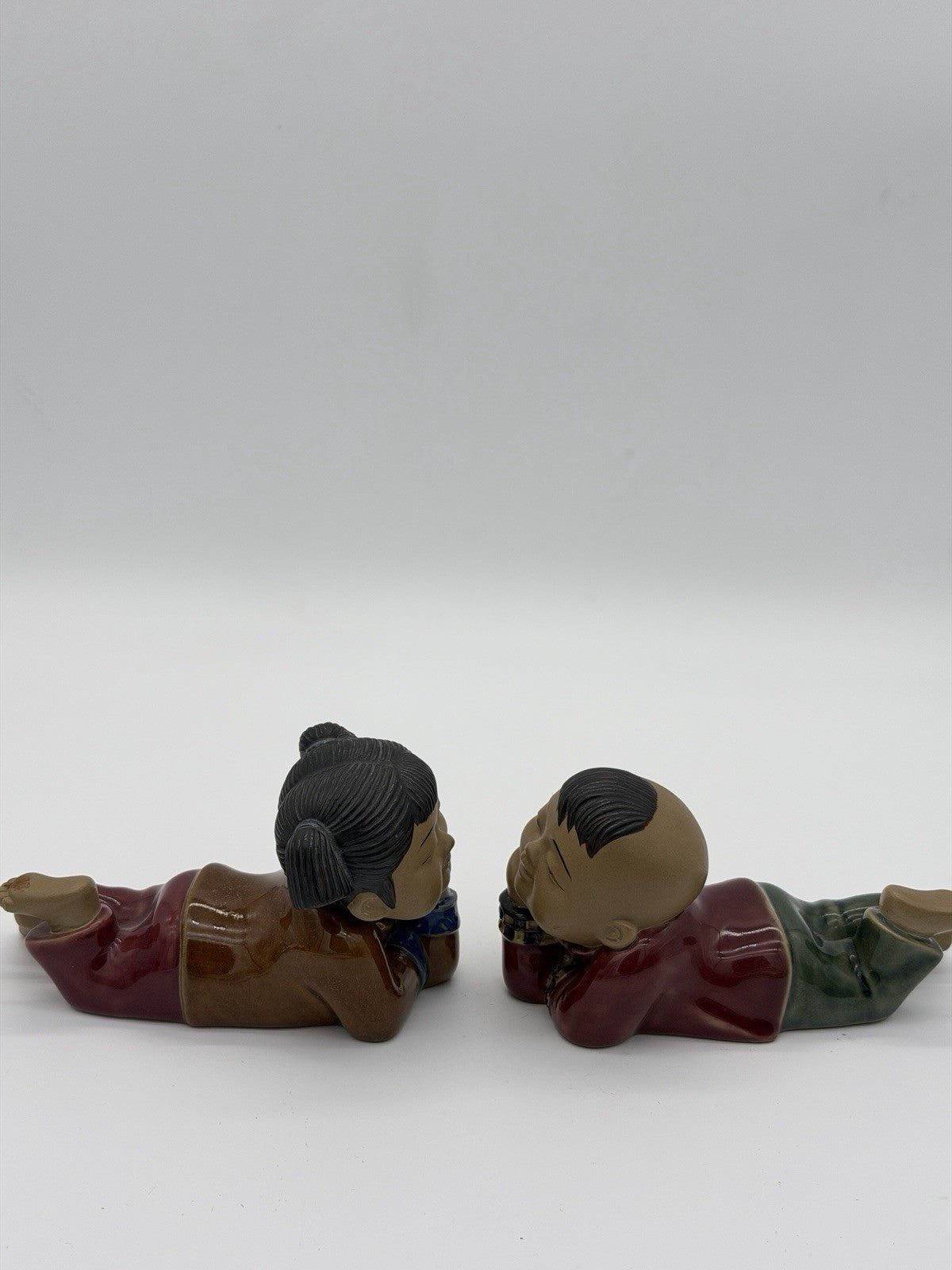 Vintage Chinese Japanese Pottery Painted Glazed Pair Boy & Girl Figurines