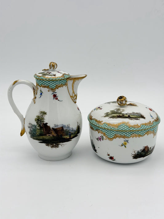 Rare Meissen C.1720 Porcelain Painted Country Scene Milk Jug & Sugar Bowl Antiqu