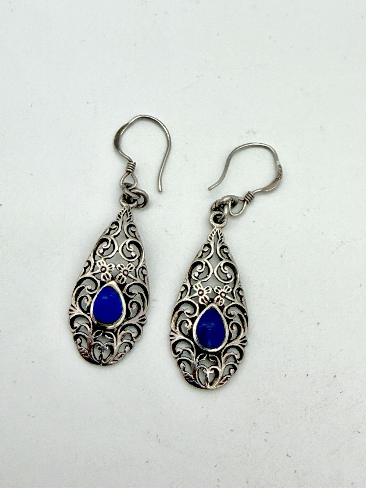 Sterling Silver Filigree with Blue Accent Stone Dangle Earrings