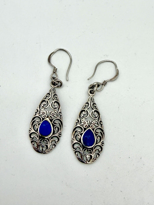 Sterling Silver Filigree with Blue Accent Stone Dangle Earrings