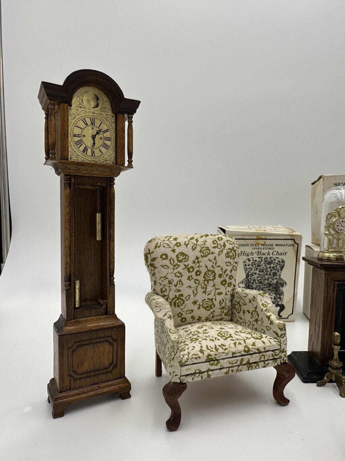 Dollhouse Furniture Lot Clock Sewing Machine Land Chest Fireplace Chair Vintage