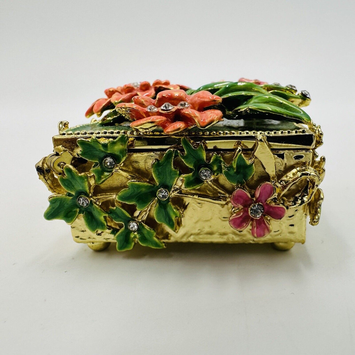 Trinket Box Rhinestone Floral and Green Hand Painted Enamel Interior Miniature