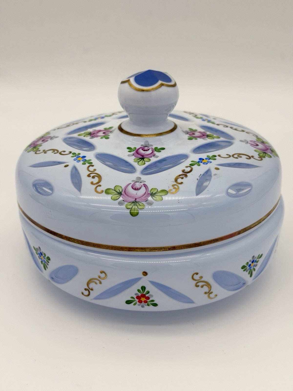 Czech Bohemian Baby Blue Cased to Blue Art Glass Lidded Candy Dish Large 6”x5”