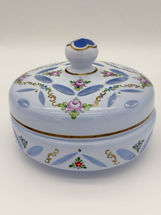 Czech Bohemian Baby Blue Cased to Blue Art Glass Lidded Candy Dish Large 6”x5”