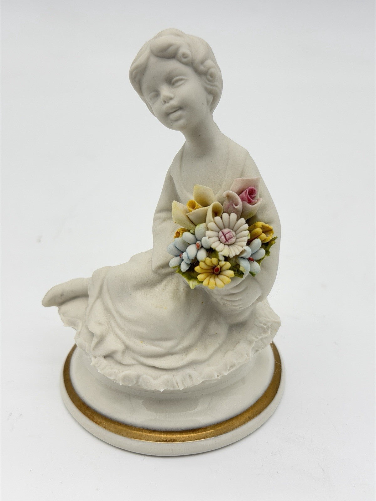 Capodimonte Italy White Bisque Porcelain Signed Marcolin Girl W/flowers Figurine