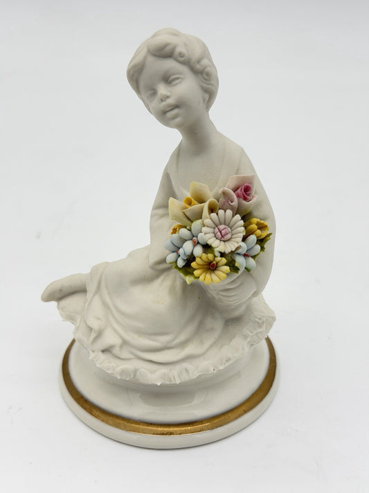 Capodimonte Italy White Bisque Porcelain Signed Marcolin Girl W/flowers Figurine