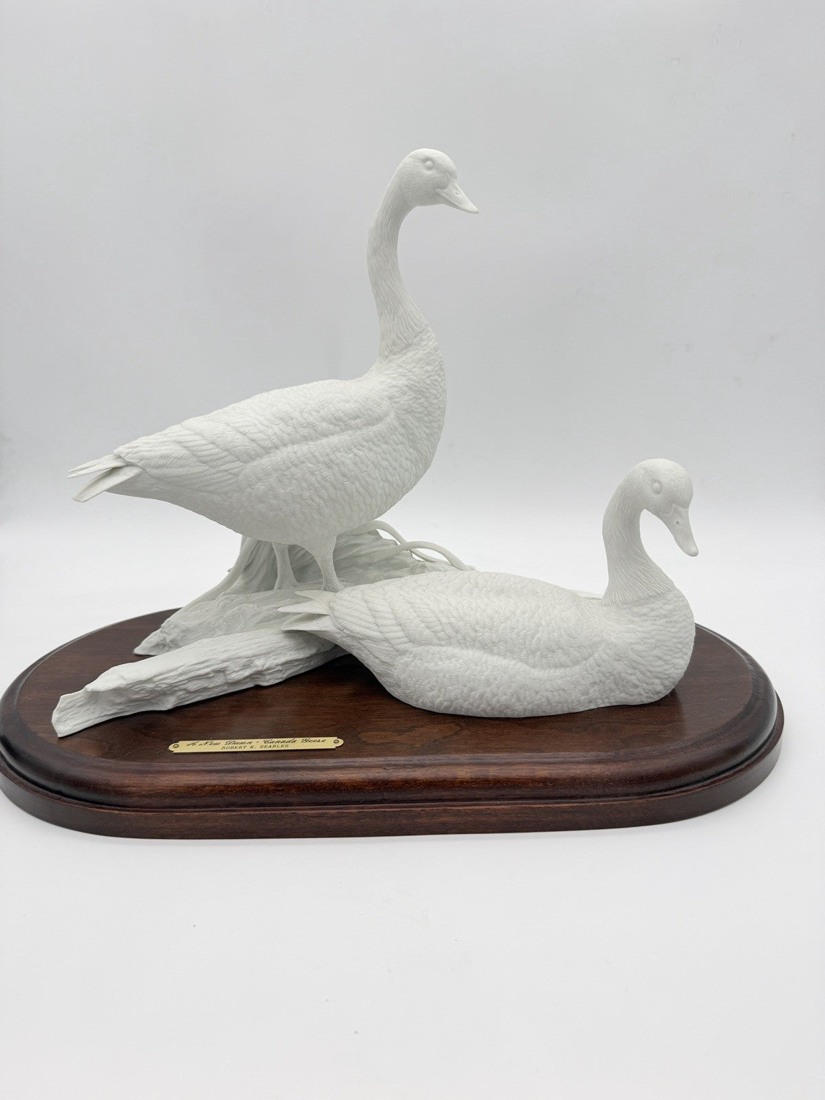 Robert E. Searles white bisque porcelain Canada Geese sculpture A New Dawn wood