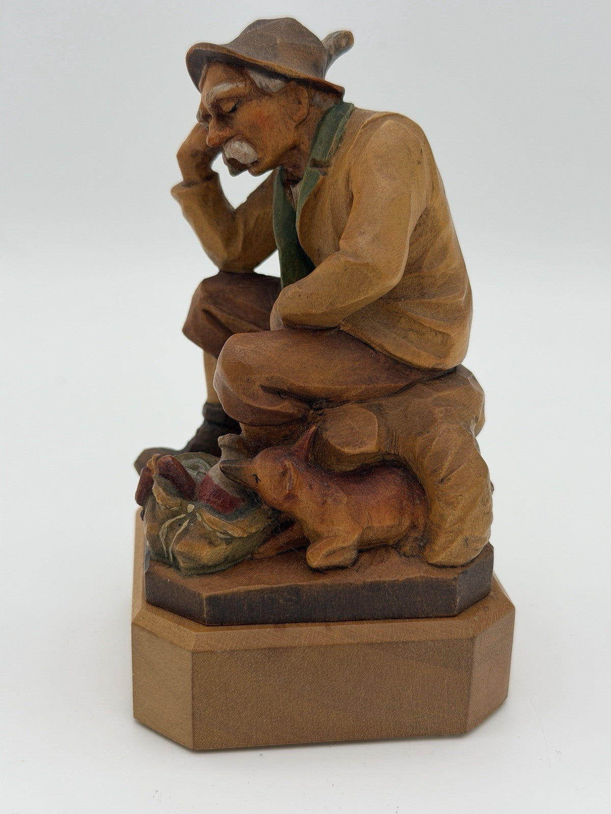 Anri Italy Folk Art Hand Wood Carved Hunter Man Rifle Fox Figurine 5" Vtg 1950