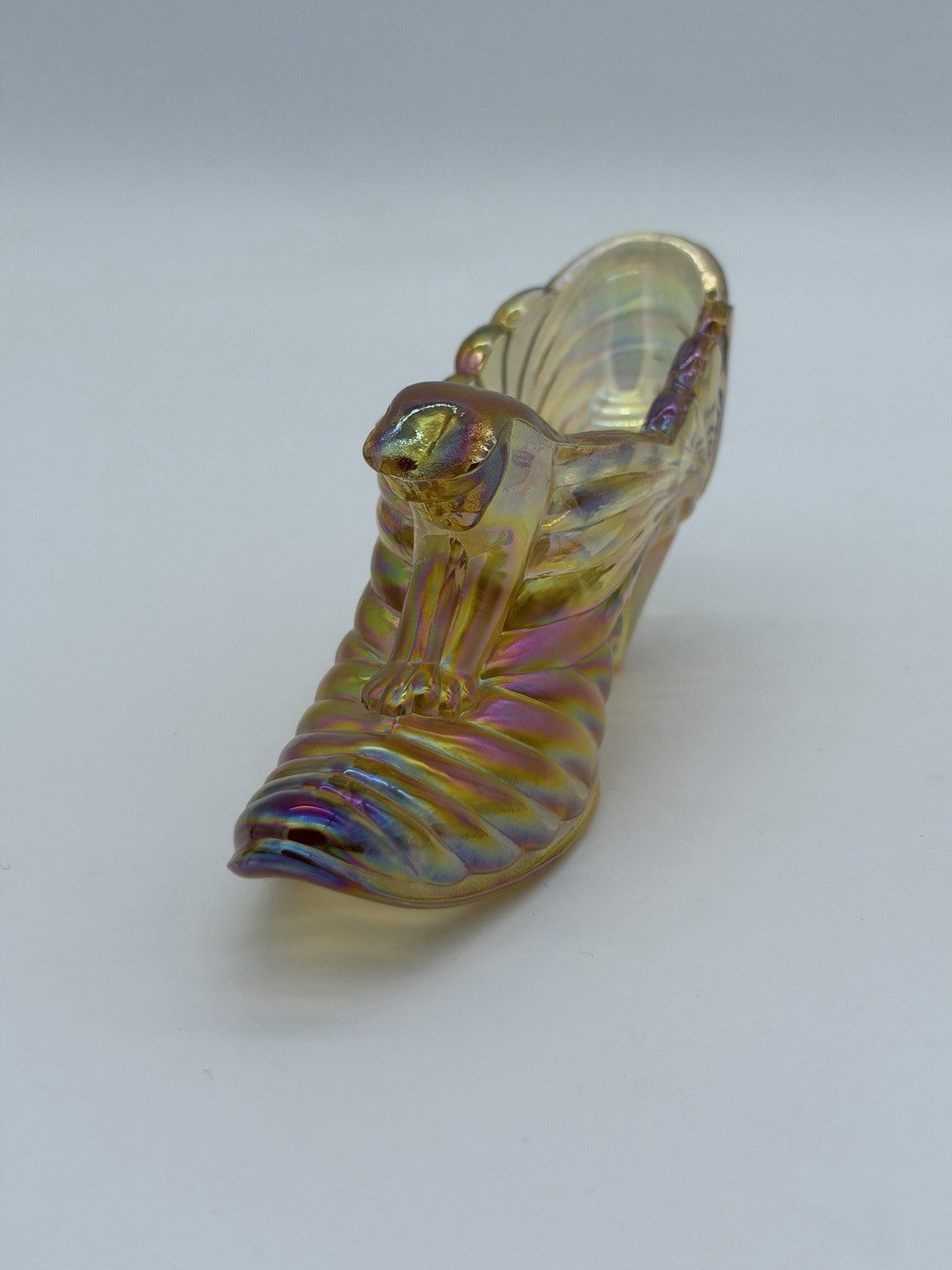 Fenton Art Glass Yellow Iridescent Cougar Cart Slipper Shoe Victorian Figurine