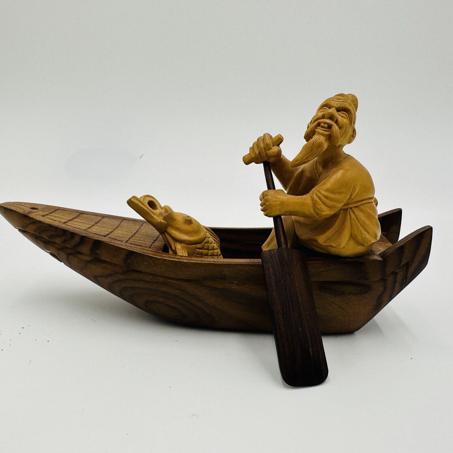 Taipei Fisherman Carved Wood Chinese Figurines Journey to the West Sanxing Hotei