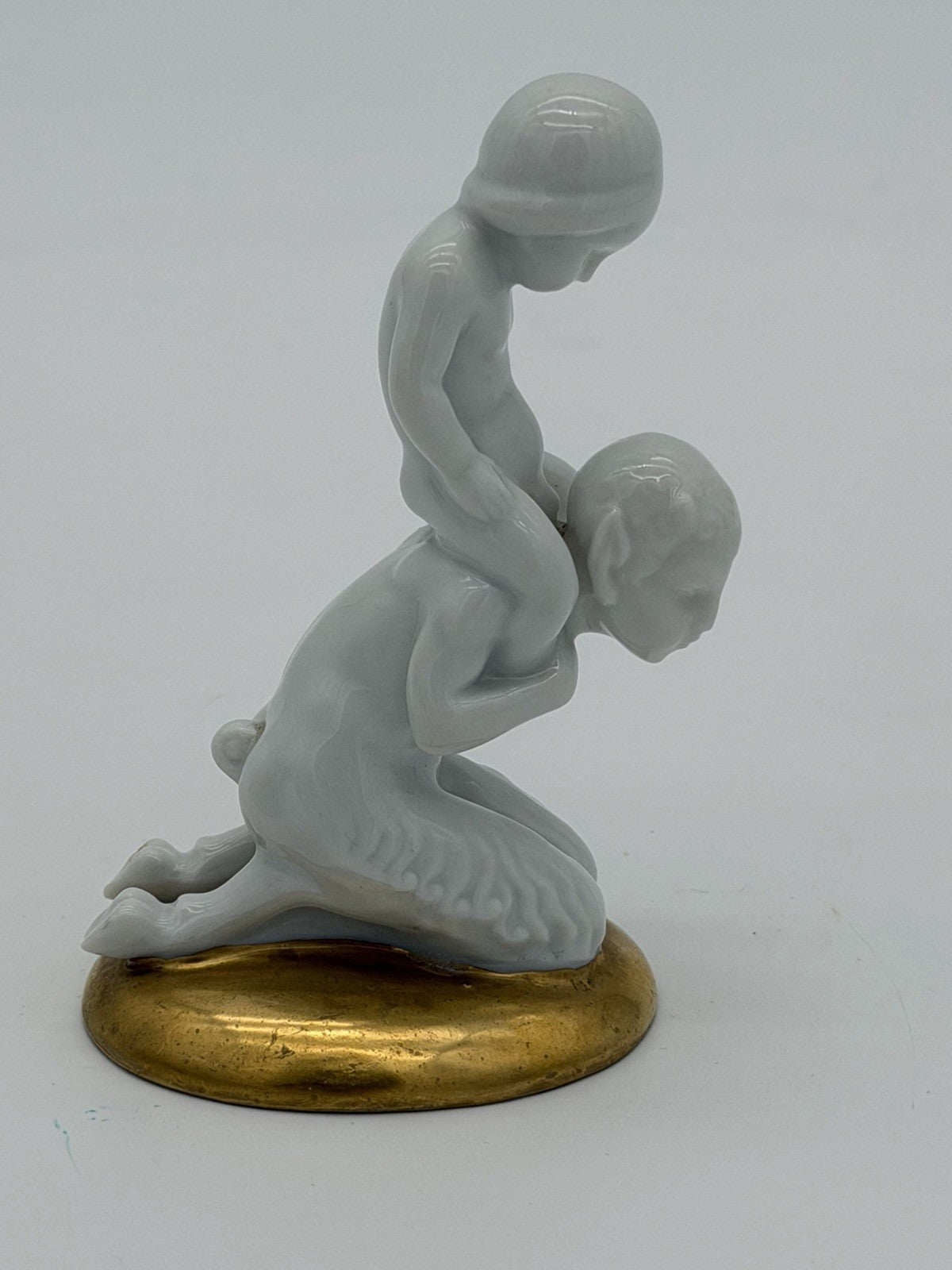 Antique Fraureuth Saxony Art Nouveau Germany Faun & Baby White/Gold Figurine 3.5