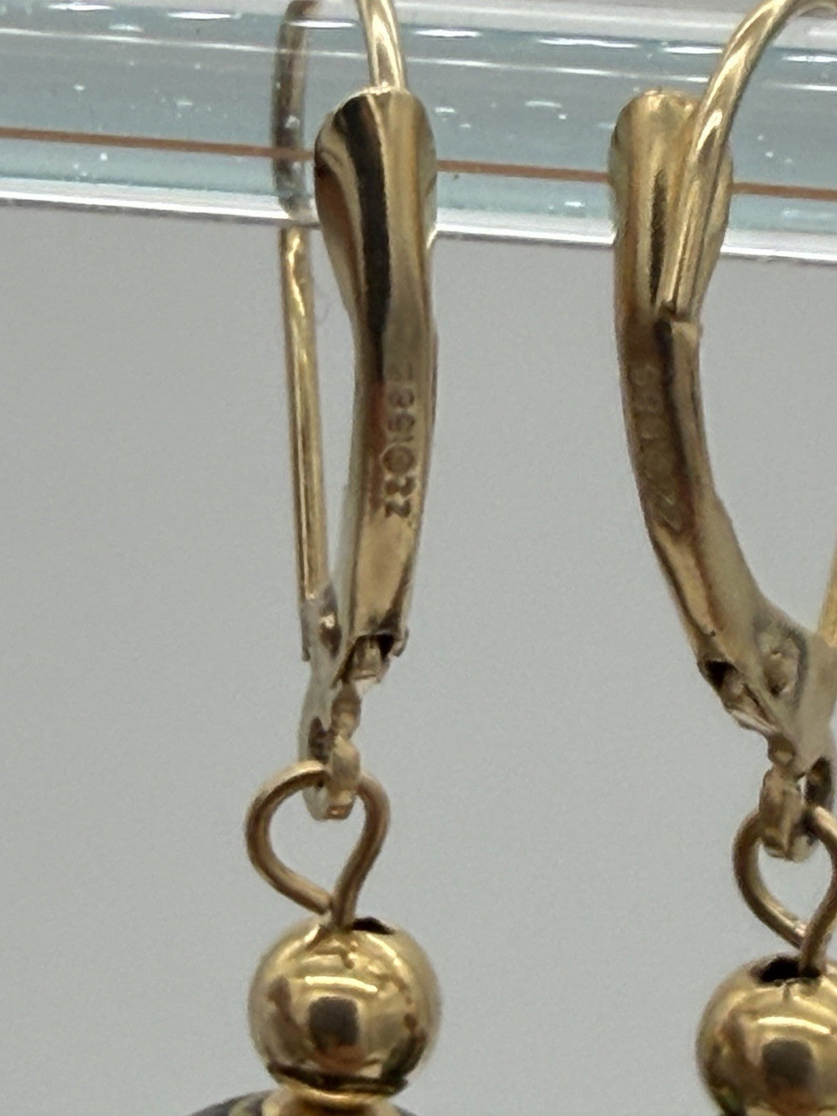 Vtg Pair of Earrings 14K Gold Cloisonne Flower Ball Drop Dangle Signed ZZ 585
