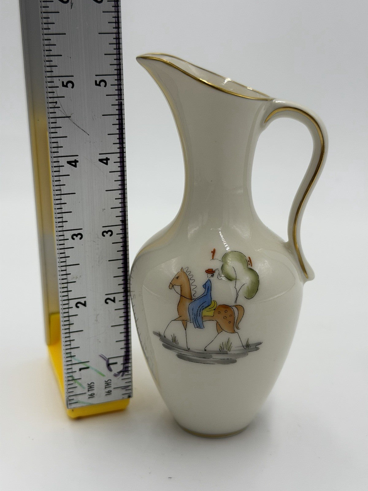 Vintage Lindner Porcelain Kueps Bavaria Germany Pitcher 5” Horseback Ride