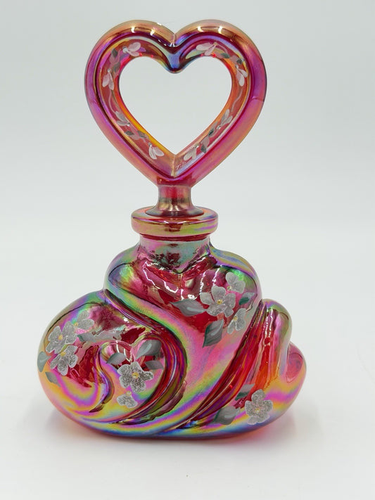 Fenton QVC Ruby Red Carnival Glass Perfume Bottle Heart Topper HP Flowers Signed